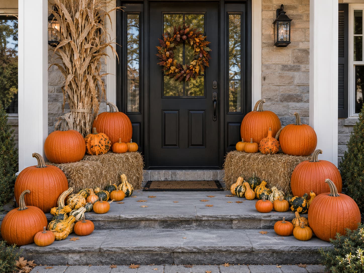 Styled fall entryway with wreath, hay bales and pumpkins